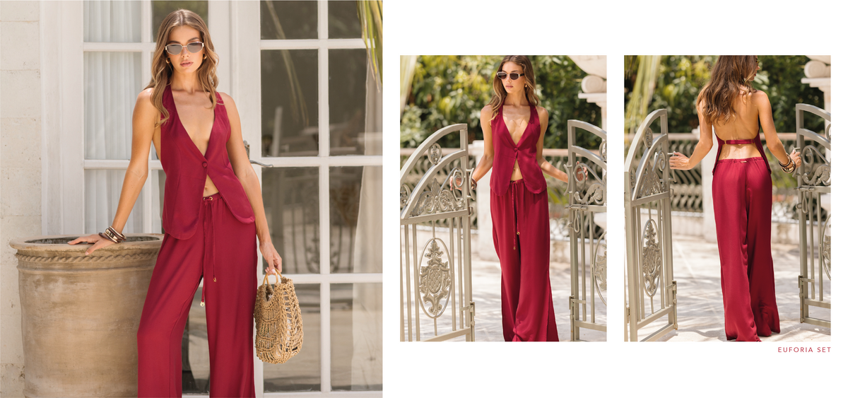Pantalones ligeros y blusa ajustable en color vino tinto intenso de la nueva colección Euforia – almaMia